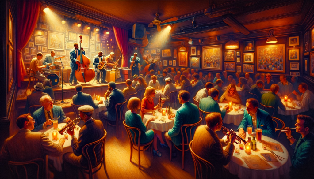 A dimly lit jazz club in New York City with a small stage where diverse musicians play saxophone, trumpet, and double bass. An audience of various ages and ethnicities enjoys the music, surrounded by framed pictures of famous jazz musicians.