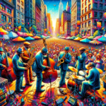 A lively jazz festival in New York City, with musicians playing on a street stage surrounded by a diverse crowd, skyscrapers, and the Statue of Liberty in the background.