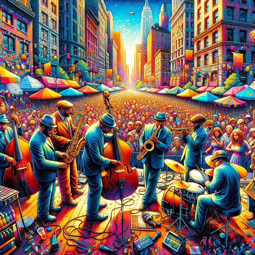 A lively jazz festival in New York City, with musicians playing on a street stage surrounded by a diverse crowd, skyscrapers, and the Statue of Liberty in the background.