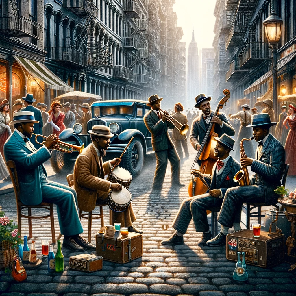 A vibrant street scene in 1920s New York with a diverse group of jazz musicians performing. A Black saxophonist, a Caucasian drummer, and a Hispanic trumpeter play energetically on the sidewalk. Vintage cars and people in 1920s attire fill the background, with classic brownstone buildings and a neon 'Jazz Club' sign.