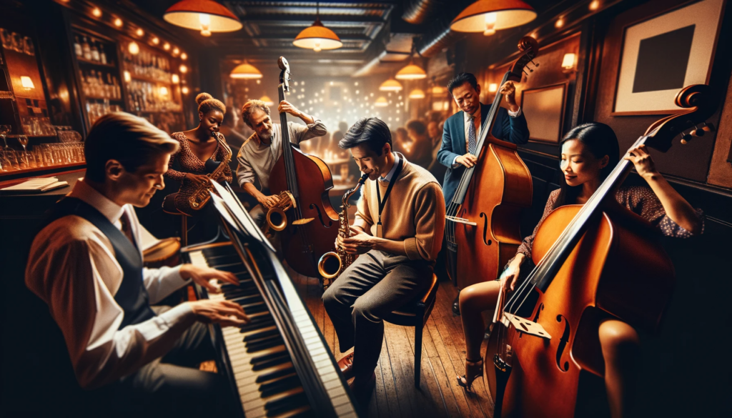 Diverse jazz musicians performing in a cozy New York club.