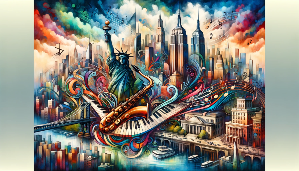 Artistic blend of New York landmarks and jazz elements.