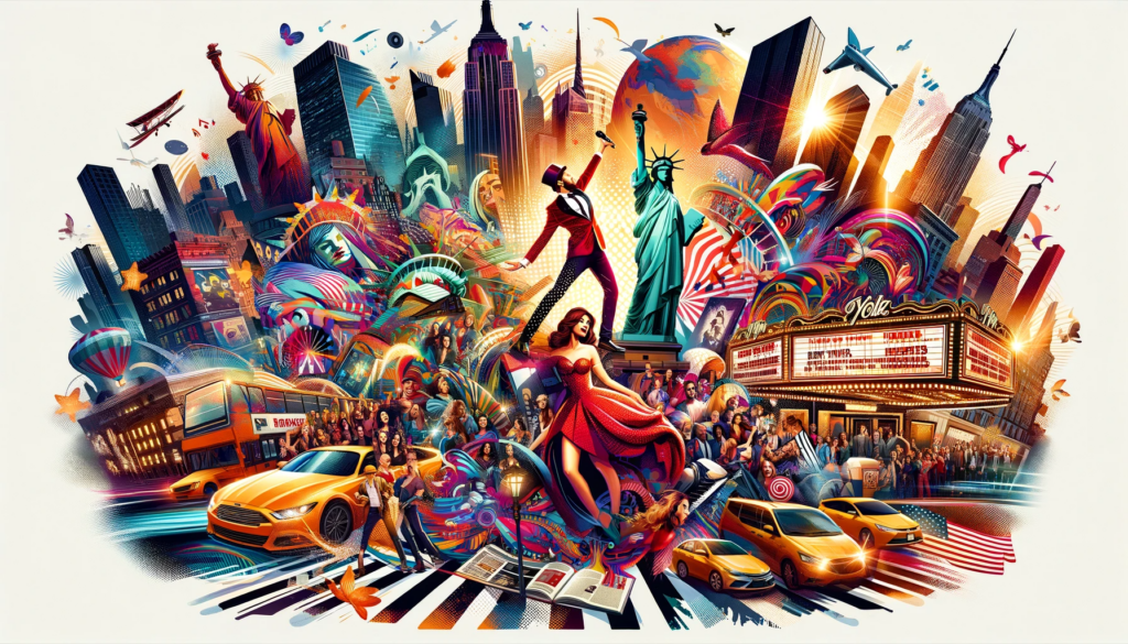 An image featuring a collage of New York events like Broadway shows, fashion runways, music concerts, and culinary festivals, with iconic landmarks in the background.