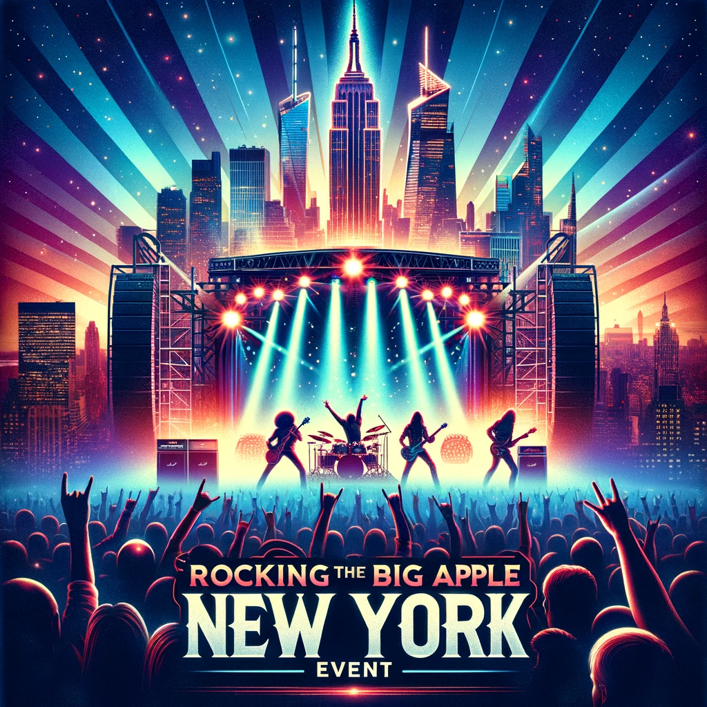 A dynamic concert stage in New York City with top rock bands performing under vibrant stage lights, with the New York skyline in the background.