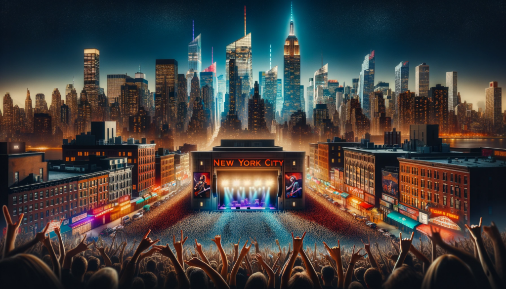 Panoramic night view of New York City with highlighted concert venues and a crowd enjoying a rock concert.