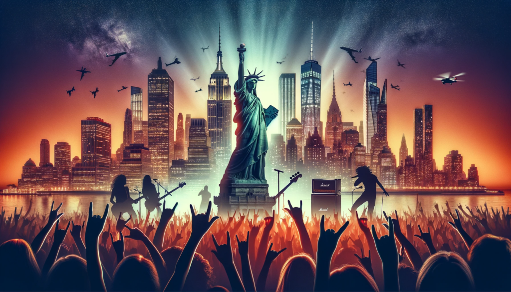 New York City skyline at dusk with iconic landmarks and the silhouette of a crowd at a rock concert, capturing the city's vibrant rock music scene.