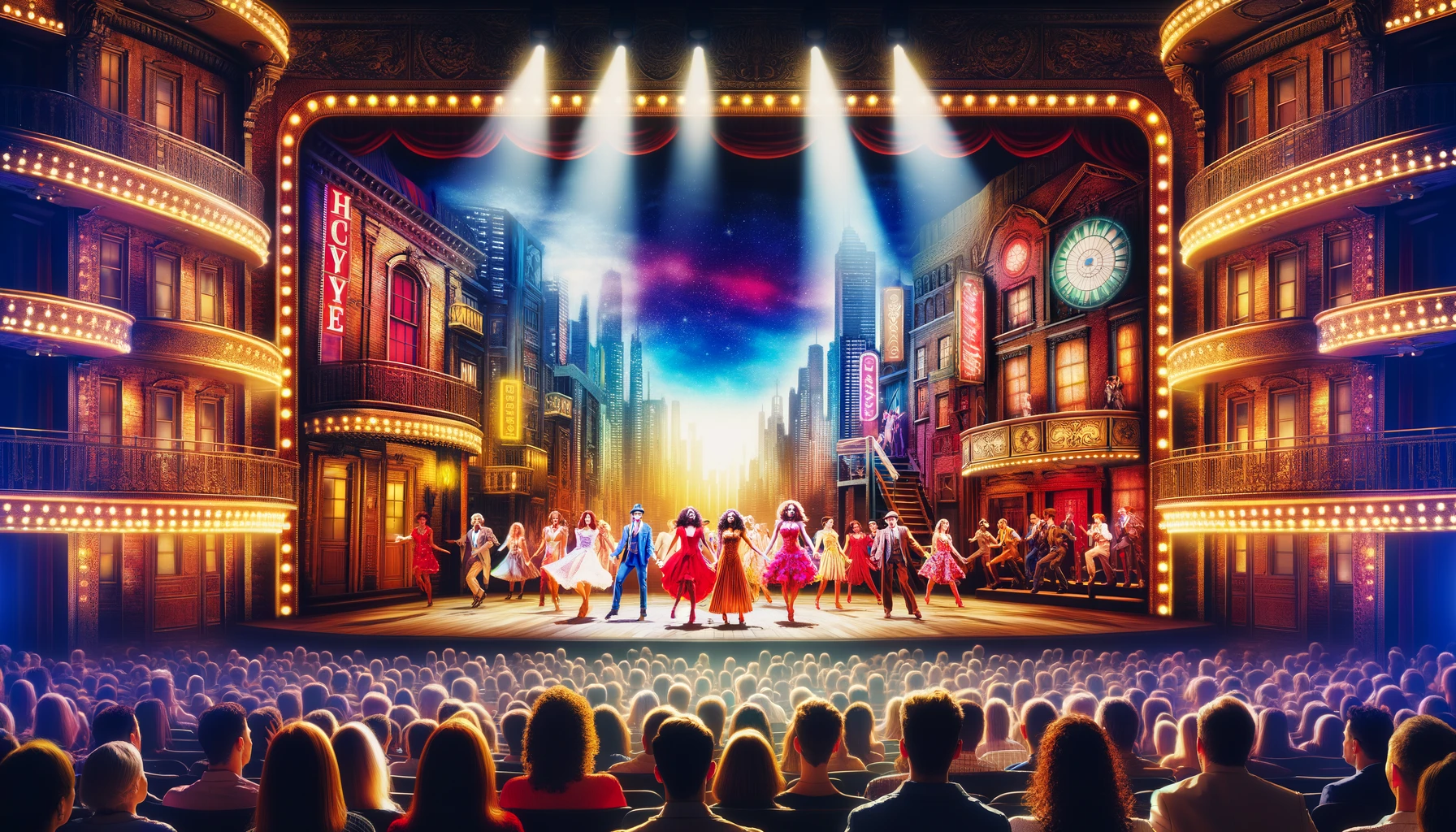 A vibrant Broadway show scene with an elaborate stage set, bright lighting, and a diverse cast in mid-performance. The audience is captivated, enjoying the show with enthusiasm. The atmosphere is electric, highlighting the energy and excitement of a live Broadway musical.