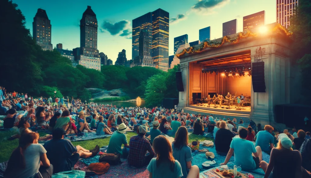 People enjoying a free outdoor concert in Central Park, New York City, with a band performing on stage and the city skyline in the background.