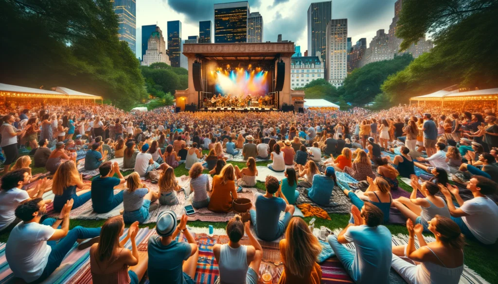 A vibrant outdoor concert in Central Park, New York City, with a diverse crowd enjoying live music. People are sitting on blankets, clapping, and dancing. The stage is set against a backdrop of trees and the city skyline.