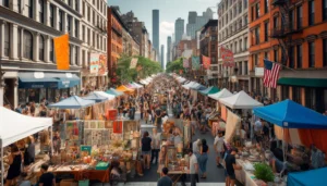 A bustling street fair in New York City with colorful stalls offering handmade crafts, vintage items, and street food. People are browsing, shopping, and enjoying the festive atmosphere. Bright banners decorate the street.
