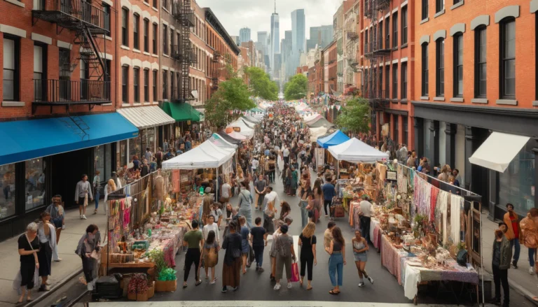 A bustling street fair in New York City with colorful stalls offering handmade crafts, vintage items, and street food. People are browsing and shopping.