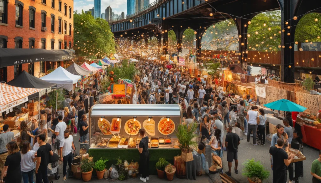 A vibrant scene at a food festival in New York City, featuring various food stalls with gourmet dishes and street food. People are mingling, enjoying their meals, and exploring different culinary offerings. The atmosphere is lively and festive, with colorful decorations and a diverse crowd.