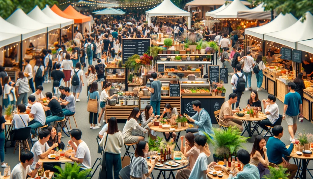 A bustling food festival scene with various food stalls offering gourmet dishes, street food, and artisanal products. People are enjoying their meals, mingling, and exploring the different culinary offerings. The atmosphere is lively and vibrant, with colorful decorations and a diverse crowd.