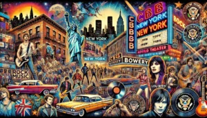 A vibrant collage showcasing the history of rock music in New York with landmarks like CBGB, The Bowery, Apollo Theater, and musicians Patti Smith, The Ramones, Lou Reed.