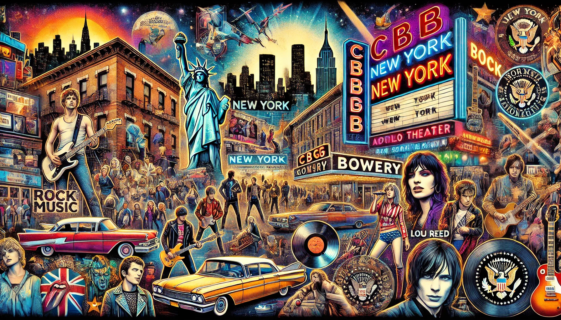 A vibrant collage showcasing the history of rock music in New York with landmarks like CBGB, The Bowery, Apollo Theater, and musicians Patti Smith, The Ramones, Lou Reed.