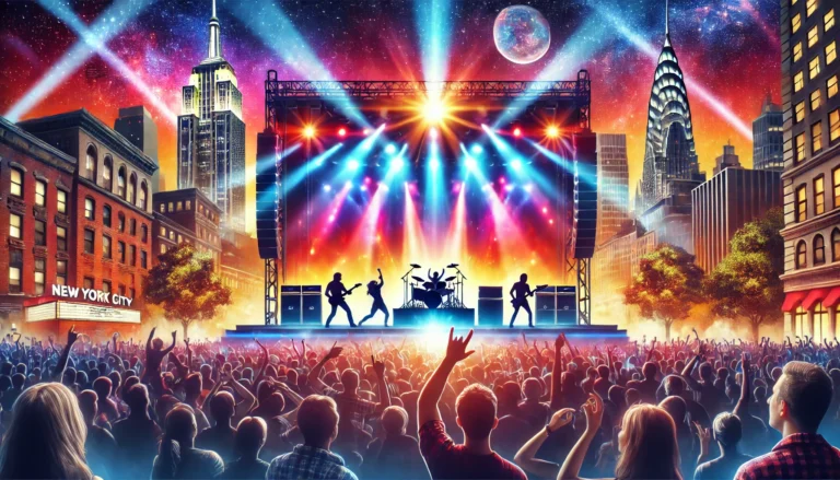 A lively rock concert in New York City with a vibrant crowd and colorful stage lights, set against the backdrop of iconic NYC skyscrapers.