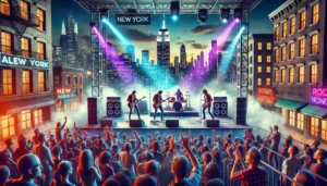 Rock concert for alternative music lovers in New York, featuring a lively crowd, colorful lights, energetic band, and New York cityscape background.