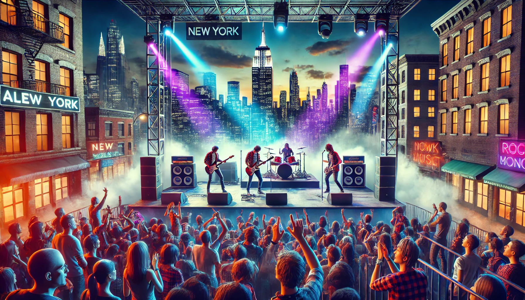 Rock concert for alternative music lovers in New York, featuring a lively crowd, colorful lights, energetic band, and New York cityscape background.